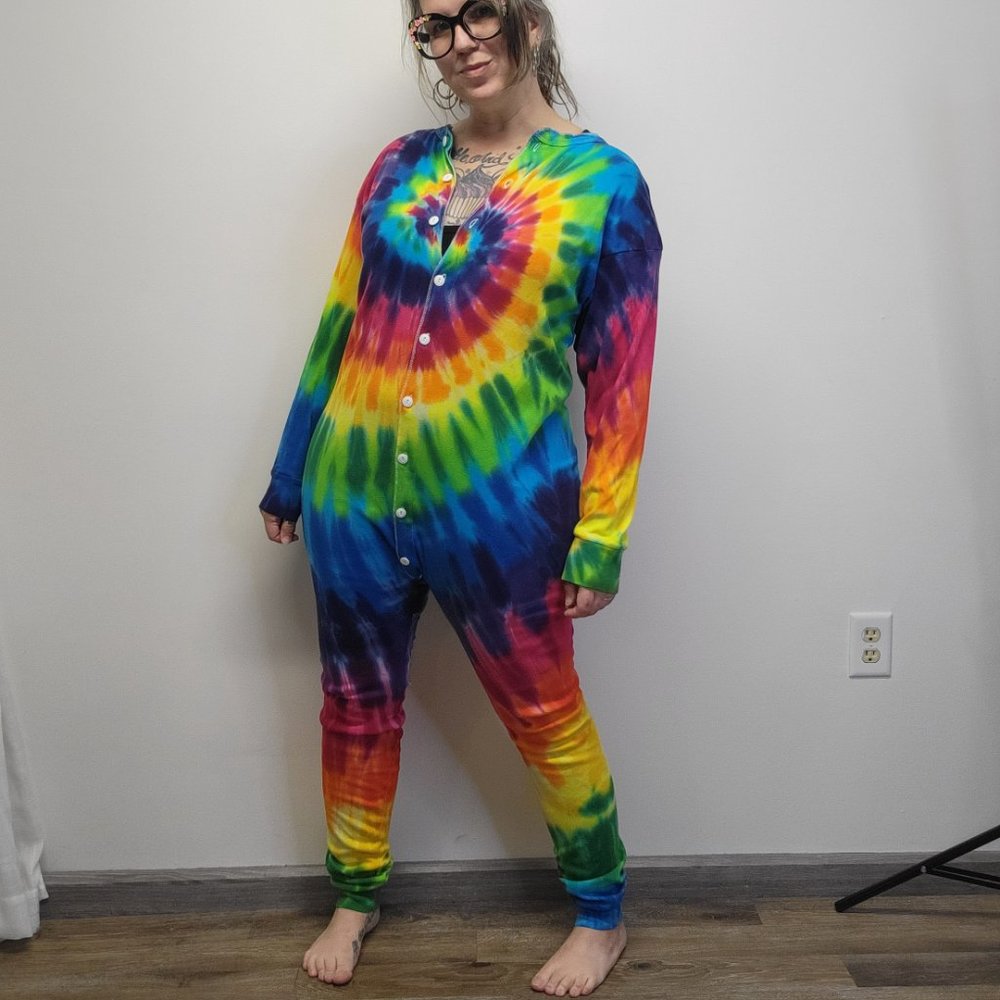 Vtg 90s SUNDOG Psychedelic Rainbow Swirl Tie Dye Union Suit Unisex XL - EUC - Picture 3 of 12